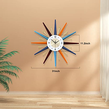 FIELDY Large Wall Clock 31 Inch Mid Century Wall Clocks Starburst Clock Non Ticking Battery Operated 3D Wall Clocks Home Décor for Living Room, Kitchen, Dining Room, Bedroom - size: Large