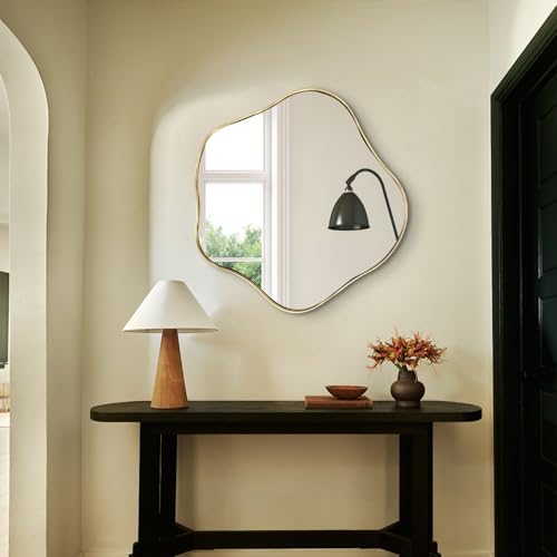 Scalloped Irregular Mirror, 24" Art Deco Wall Mirror with Gold Metal Frame, Wavy Decorative Accent Mirrors for Entryway Bedroom Living Room Bathroom Vanity, Horizontal or Vertical Hanging - color: Gold, size: 24"L x 24"W