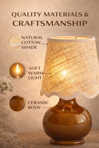 Benton Ceramic Table Lamp with Fabric Shade – 13" Bedside Accent Lamp for Bedroom, Living Room & Nightstand (Brown) - color: Brown