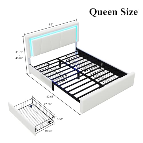 Queen Size Bed Frame with 4 Storage Drawers, Upholstered Headboard, White | Modern Bed, Charging Station, LED Light, Adjustable Height Headboard, Noise-Free, No Box Spring Needed, Easy Assembly - color: White, size: Queen
