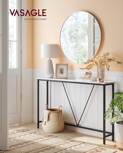 VASAGLE Console Sofa Table, Narrow Entryway Table, for Living Room, Bedroom, Easy Assembly, Marble White and Ink Black ULNT020W01 - color: Marble White + Ink Black, size: 9.1"D x 47.2"W x 29.1"H