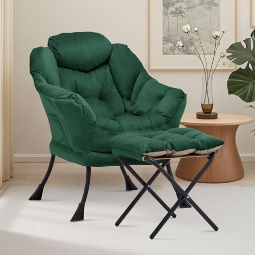 Lazy Chair with Ottoman, Comfy Reading Chair, Emerald Green | Cushioned Seat with Foldable Ottoman and Side Pocket, Lounge Chair for Bedroom, Living Room, Dorm and Small Spaces - color: Emerald Green