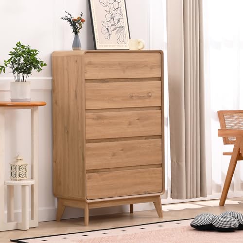 5 Drawers Tall Dresser, 50inch Mid Century Dresser, Nature | Kids Dresser, Tall Nightstand Storage Organizer for for Bedroom, Small Dresser Living Room, Console table for Entryway