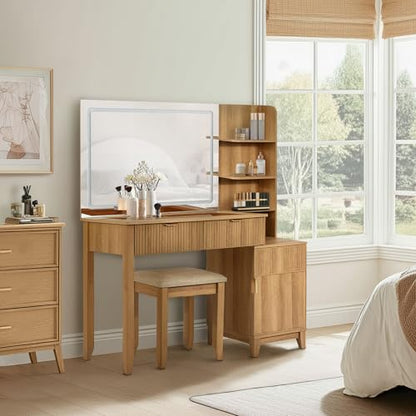 Vanity Desk with Stool, Mirror and Lights 3 Color, Makeup Vanity with Power Outlet, Dressing Table with Drawers, Storage Shelves, Adjustable Brightness, Naturel - color: Natural