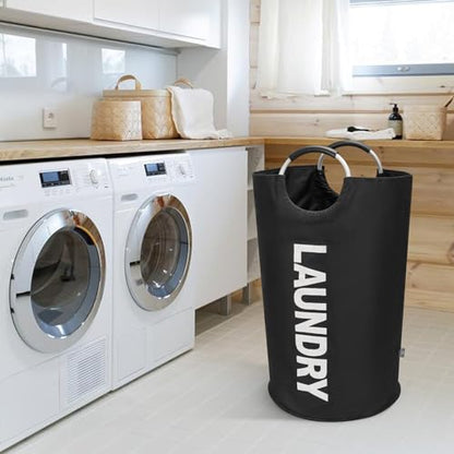 DOKEHOM 90L Large Laundry Basket Bag, Collapsible Tall Hamper, Black | Freestanding tall washing bin & foldable laundry bag. High-capacity clothes storage basket with durable sturdy handles - color: Black, size: 90L