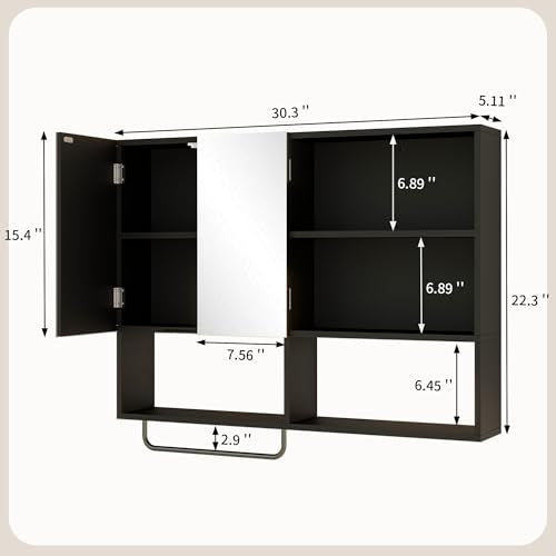 Bathroom Wall Cabinet with Mirror & Towel Bar, Black - color: Black-with Mirror