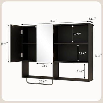 Bathroom Wall Cabinet with Mirror & Towel Bar, Black - color: Black-with Mirror