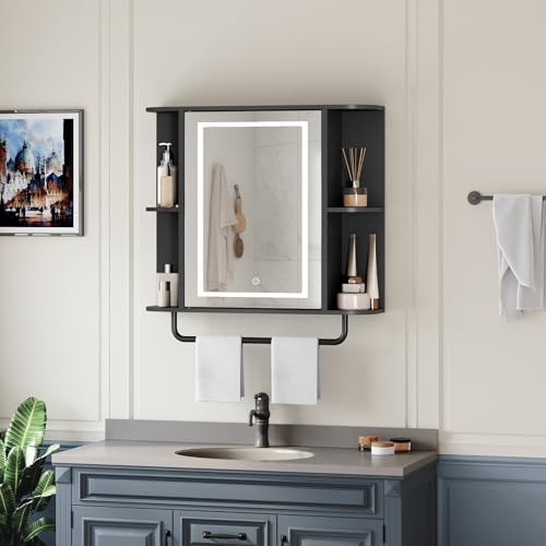 MAHANCRIS Bathroom Wall Cabinet with Mirror, Mirrored Medicine Cabinet with 3 Colors LED Light and 4 Open Shelves, Wall Mounted Storage Cabinets with Adjustable Shelf, 24.7"L x 6.7"W x 26.7"H, Black - color: Black, size: 24.7"L x 6.7"W x 26.7"H