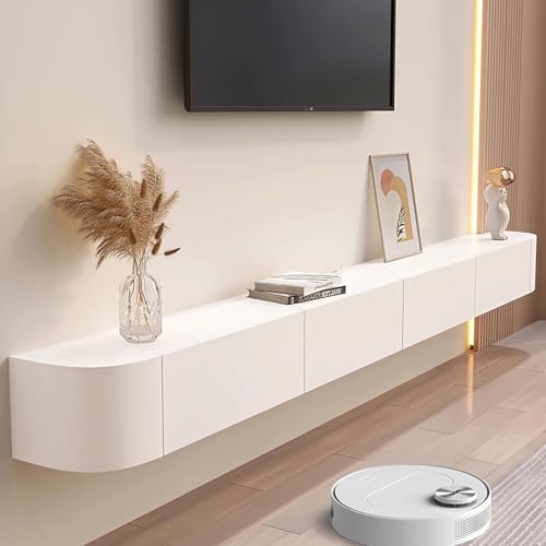 60 inch Floating TV Stand Wall Mounted TV Cabinet Floating Shelves with Door Entertainment Media Console Solid Wood Modern Living Room Round Corner TV Stand (White, 160CM) - color: White, size: 160CM