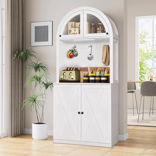 71" Farmhouse Arched Buffet Cupboard with Adjustable Shelves & Glass Door | Sturdy Engineered Wood, Acrylic Glass, Durable, Moisture-Resistant, Easy Assembly, for Dining Room, Bathroom, Living Room - color: White, size: 31.5" W