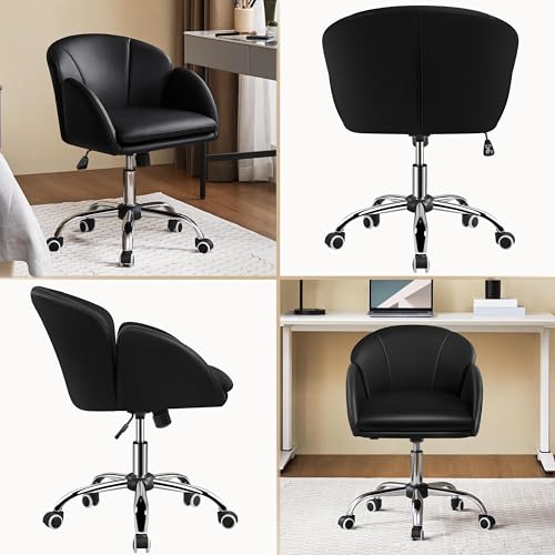 Yaheetech Black Petal Faux Leather Makeup Vanity Desk Chair, Swivel Wheels | Easy-clean faux leather cushioned seat fits makeup vanity, nail salon or office desks; adjustable height, swivel, fast setup. - color: Black