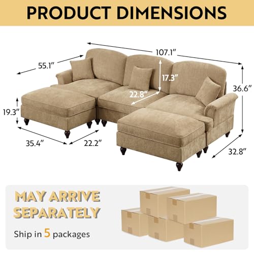 Modular Sectional Sofa Couch, Comfy Chenille Sofa with Removable Ruffled Skirt, Flared Armrests, Sturdy Legs, Convertible Sectional for Living Room, Bedroom, Apartment (Coffee) - color: Coffee, size: 107.1 Inch U