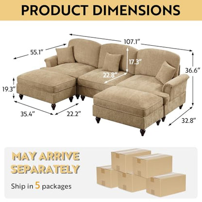Modular Sectional Sofa Couch, Comfy Chenille Sofa with Removable Ruffled Skirt, Flared Armrests, Sturdy Legs, Convertible Sectional for Living Room, Bedroom, Apartment (Coffee) - color: Coffee, size: 107.1 Inch U