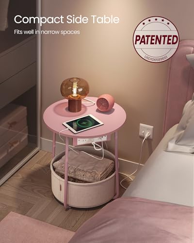 VASAGLE LILEA Colection - Side Table with Charging Station, Round End Table with Fabric Basket, Nightstand with Power Outlets, USB Ports, Modern, Jelly Pink and Cream White ULET228R01 - color: Jelly Pink + Cream White, size: Without LED light