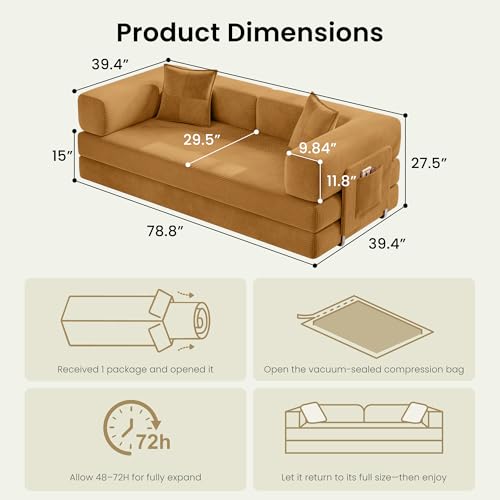 78.8" Convertible Futon Sofa Bed, Boneless Couch for Living Room | Corduroy Boneless Loveseat Sleeper Sofa, Modular Futon Couch with Storage Pocket, Pull Out Couch No Assembly | Yellow - color: Yellow