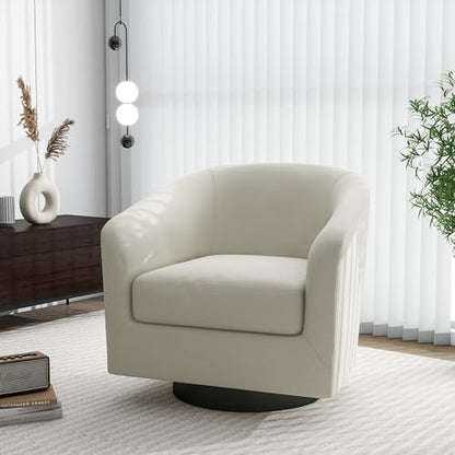 Swivel Barrel Accent Chair, Comfy Reading Armchair, Beige, Set of 1 | Club Chairs for Adults, Low-Back Design, Modern Round Style, Solid Wood Frame & Metal Swivel Base, For Living Room & Bedroom - color: Beige