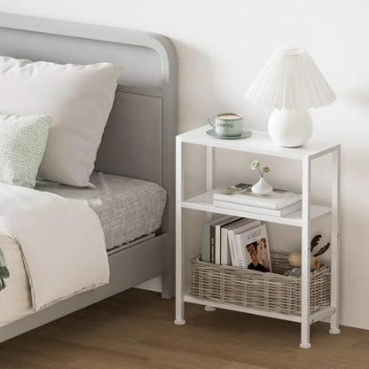 Narrow Side Table Set of 2 for Small Space, 2-Tier Small End Table with Shelf Holder, Slim Nightstand, Skinny Snack Couch Table in Living Room, Bedroom, Study, Kitchen and Balcony (White) - color: White