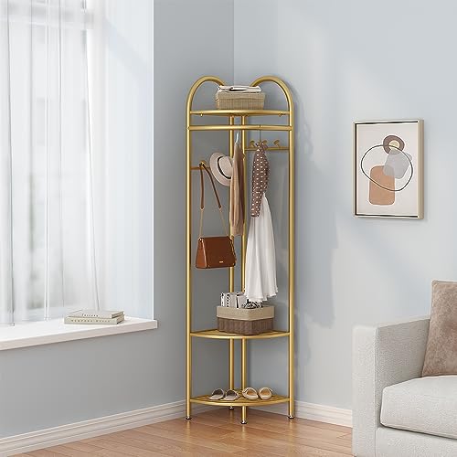 Metal Corner Coat Racks, Gold Clothing Racks Hall Tree, Freestanding Garment Rack with Hooks and Storage Shelf for Hallway, Entryway, Bedroom, Living Room, Office(Gold)