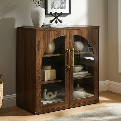Glass Arched Door Sideboard Buffet Cabinet Set of 2, Brown | Modular, Multi-Compartment Storage, Adjustable Shelf, Soft Close Hinges, Freestanding, for Dining Room, Living Room - color: Brown