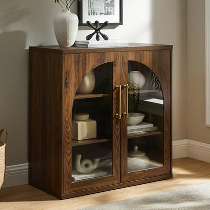 Glass Arched Door Sideboard Buffet Cabinet Set of 2, Brown | Modular, Multi-Compartment Storage, Adjustable Shelf, Soft Close Hinges, Freestanding, for Dining Room, Living Room - color: Brown