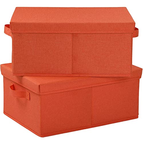 HOONEX Storage Bins with Lids for Organizing, Pack of 2, Storage Boxes with 2 Carrying Handles and Sturdy Heavy Cardboard, 16.5" L x 11.8" W x 7.5" H for Shoes, Books, Clothes, Nursery, Orange - color: Orange