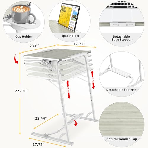 Upgraded Folding TV Tray Table, Sturdy Couch & Dinner Laptop Table | Adjustable Height & Angle Portable Desk for Eating, Work & Recliner; Includes Footrest, Cup Holder, iPad Holder, Edge Stopper - color: (White) - Bright Wood