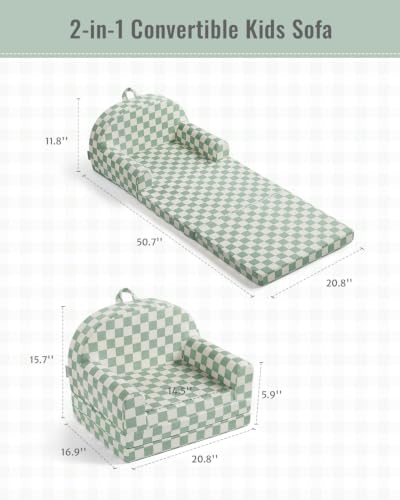 Blissful Diary Kids Couch, 2-in-1 Soft Kids Sofa, Kids Sofa Chair, Comfy Kids Furniture for Playroom, Reading & Play, Checkered Sage - color: Checkered Sage