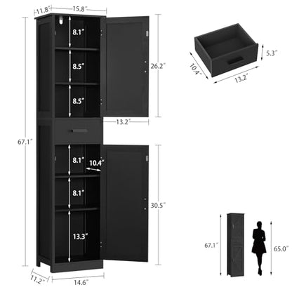 TEENFON Tall Bathroom Cabinet, Storage Cabinet with 6 Shelves & Drawer, Bathroom Storage Cabinet with Adjustable Shelves, Tall Cabinet for Living Room, Home Office, Black - color: Black