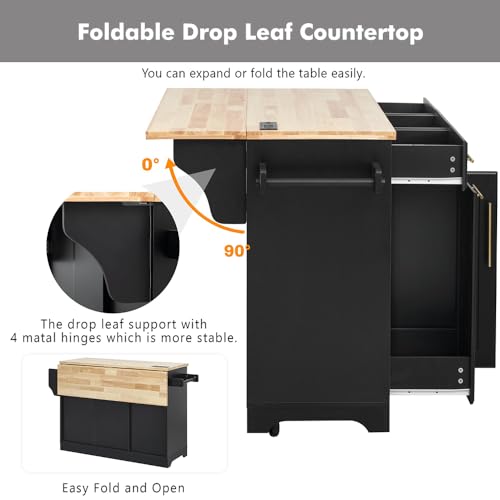 59.3" Rolling Kitchen Island with Trash Can Storage, Mobile Kitchen Storage Island with Drop Leaf, Power Outlet, Pull Out Cabinet Organizer (Black) - color: Black