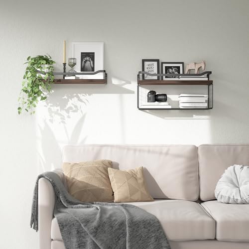 Floating Shelves with Wire Storage Basket, Bathroom Shelves Over Toilet with Protective Metal Guardrail, Wood Wall Shelves for Bathroom, Bedroom, Living Room, Toilet Paper- Dark Brown - color: Dark Brown