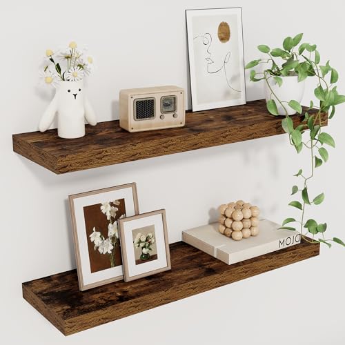 Fun Memories Floating Shelves for Wall, 22.5" Rustic Wood Deep Wall Mounted Shelves with Invisible Brackets for Decor & Storage, Floating Shelf for Living Room, Bathroom (Rustic Brown, Set of 2) - color: Rustic Brown, size: 22.5"W x 6.5"D, 2Packs
