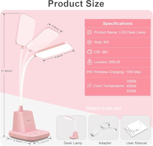 LED Desk Lamp with 10W Wireless Charging & Pen Holder, Pink | CRI 95, 800LM, Stepless Dimming, 3 Modes, 360°Flexible Arm, Touch, Study Table Lamp for Home Office, Dorm Room, with Adapter - color: Pink
