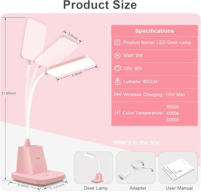 LED Desk Lamp with 10W Wireless Charging & Pen Holder, Pink | CRI 95, 800LM, Stepless Dimming, 3 Modes, 360°Flexible Arm, Touch, Study Table Lamp for Home Office, Dorm Room, with Adapter - color: Pink