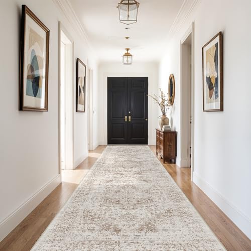 4x10 Washable Hallway Runner Rug: Vintage Wide Low Pile Rugs NaturalBeige | Water Resistant Non Slip Pet Friendly Easy Clean Design Soft Rugs for Kitchen Entryway Bedroom Living Room and Home Decor - color: Ivory/Beige, size: 4x10