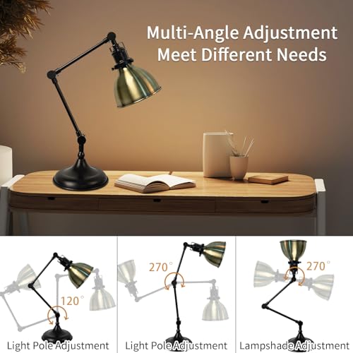 Desk Lamp for Home Office, Desk Light with Adjustable Multi-Joint Metal Swing Arms Table Lamp, Industrial Table Light for for Home Office, Work, Study, Reading, E26 Base (Antique Brass)