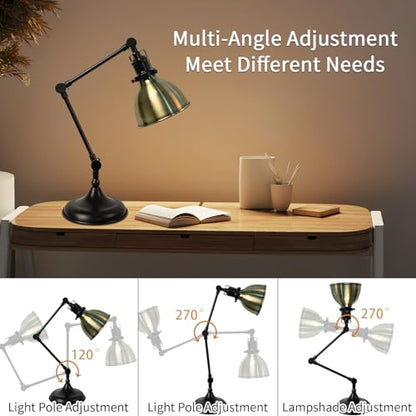 Desk Lamp for Home Office, Desk Light with Adjustable Multi-Joint Metal Swing Arms Table Lamp, Industrial Table Light for for Home Office, Work, Study, Reading, E26 Base (Antique Brass)