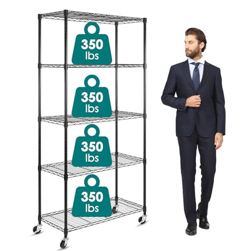 5-Shelf Shelving Units on Wheels Casters, Adjustable Heavy Duty Metal Shelf Wire Storage Rack for Home Office Garage Kitchen Bathroom Organization(16”Wx36”Dx75”H), Black - size: 5Tier 36"W x 16"D x 75"H