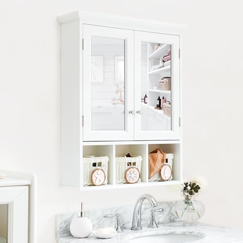 Medicine Cabinet, Bathroom Organiser, Wall Mounted Bathroom Cabinet with Mirror with 2 Adjustable Shelves and 3 Storage Baskets for Laundry Room, Kitchen