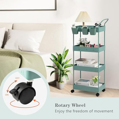 Slim Storage Cart on Wheels, 4 Tier Narrow Laundry Cart with Hooks Hanging Cups Dividers Mobile Rolling Lash Cart with Handle for Bathroom Small Spaces, Green - style: 4 Tier Green