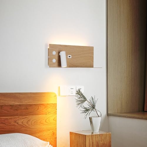 Modern LED Plug in Wall Sconce, Wall Light with Shelf and USB Charging Port, Rotatable Reading Spotlight & Soft Backlight, Plug-in or Hardwired Wall Lamp for Bedroom Bedside, Light Wood Grain Finish - size: 2-light Left Switch White