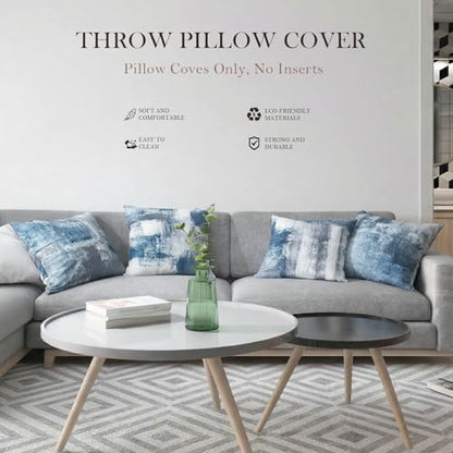 Set of 4 Blue and Grey Abstract Art Artwork Pillow Cover 18 x 18 Inch, Gallery Modern Decorative Throw Pillows Cushion Cover for Bedroom Sofa Living Room | Double-sided vibrant artwork accent cushion covers. Perfect decorative pillows for couch, sofa, bed