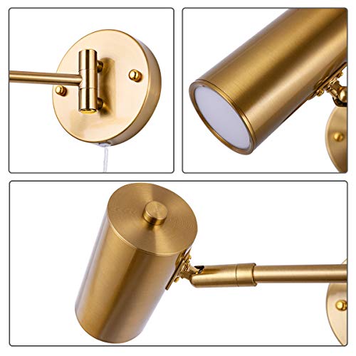Gold Plug in Wall Sconces Set of 2 | Modern Swing Arms Wall Lamp, Plug-in Cord, Adjustable Wall Light, Light Source Included - color: A-Gold-2 Pack