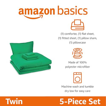 Amazon Basics 5-Piece Soft Microfiber Kid's Bed-in-a-Bag Bedding Set, Twin, Green, Solid - color: Green, size: Twin