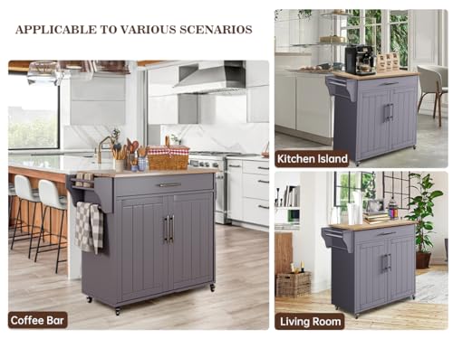 Kitchen Storage Island, Wooden Rolling Island On Wheels with Countertop, Mobile Kitchen Island Cart with Towel Rack, Spice Rack and Drawers, Grey - color: Grey
