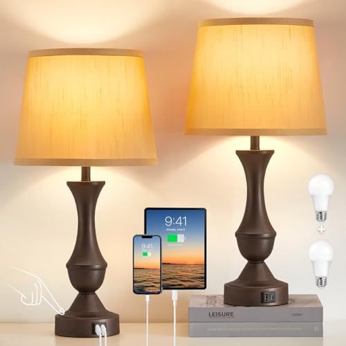 Luvkczc 22" Table Lamp Set of 2 - Farmhouse Vintage Brown Bedside Lamp | Brown Fabric Shade, Dimmable, USB C+A Ports, Nightstand Lamp for Living Room Bedroom (Bulb Included) - color: Brown,Brown, size: 22in