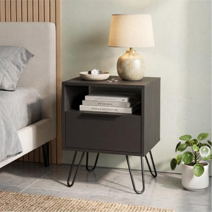Tuhome Augusta Nightstand, Small Night Stand with Storage Drawer & Open Shelf, 22.2" Tall Narrow Bedside Table on Metal Hairpin Legs, Engineered Wood, Black or Light Oak - color: Black