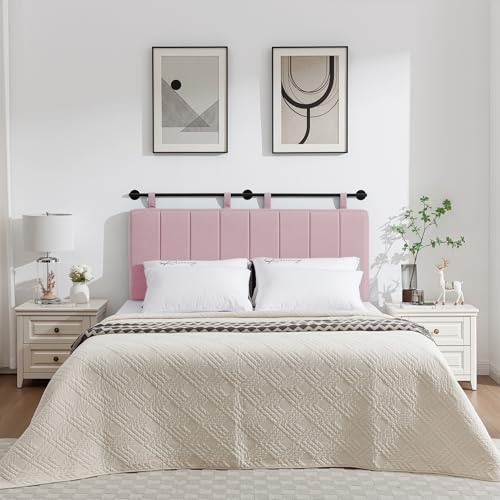 Queen Headboard Only, Wall Mounted Hanging Upholstered Bed Head Board | Modern Vertical Channel Design of Fine Linen, Elegant Pink Fluted Headboard for Bedroom (Pink, Queen Size) - color: Linen/Pink, size: Queen
