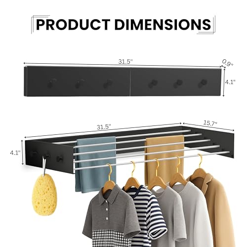 Wall Mounted Drying Racks for Laundry (31.5 Inches Wide) – Retractable Clothes Drying Rack wall Mounted with Carbon Steel Panel 6 Knobs & 5 Aluminium rods, Wall Drying Rack with Screws (Black) - color: Black
