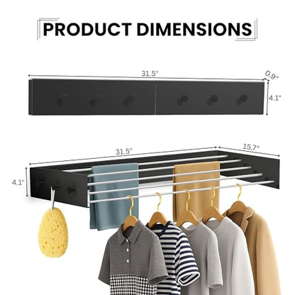 Wall Mounted Drying Racks for Laundry (31.5 Inches Wide) – Retractable Clothes Drying Rack wall Mounted with Carbon Steel Panel 6 Knobs & 5 Aluminium rods, Wall Drying Rack with Screws (Black) - color: Black