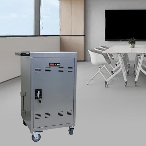 30-Device Mobile Charging Cart Station for Tablets & Laptops ,Secure Storage & Fast Charging,Heavy-Duty Steel Construction with Locking Wheels & Cable Management,Ideal for Schools & Offices，sliver - color: Silver